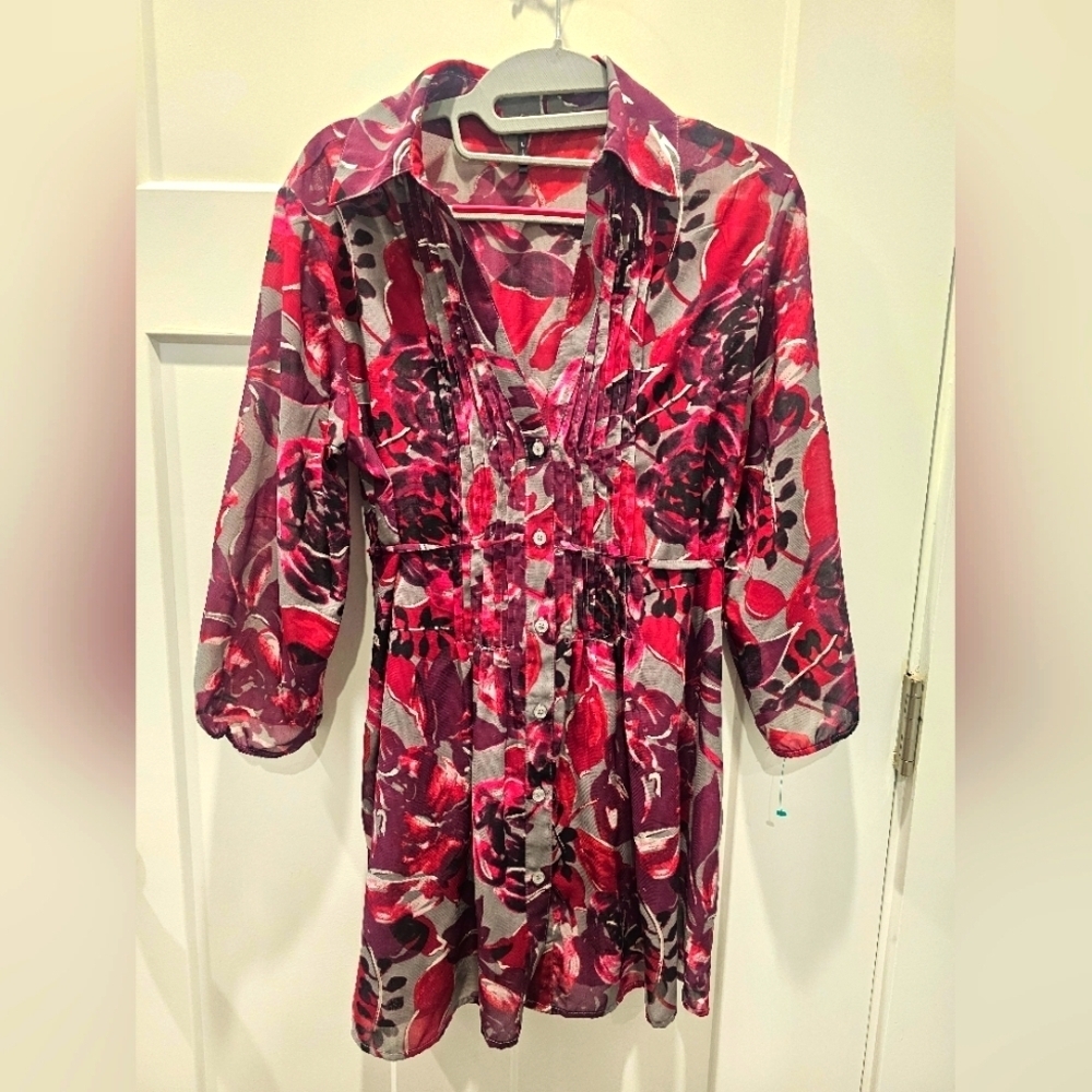 Daisy Fuentes Sheer Floral Tunic Top Sangria Combo Size Large